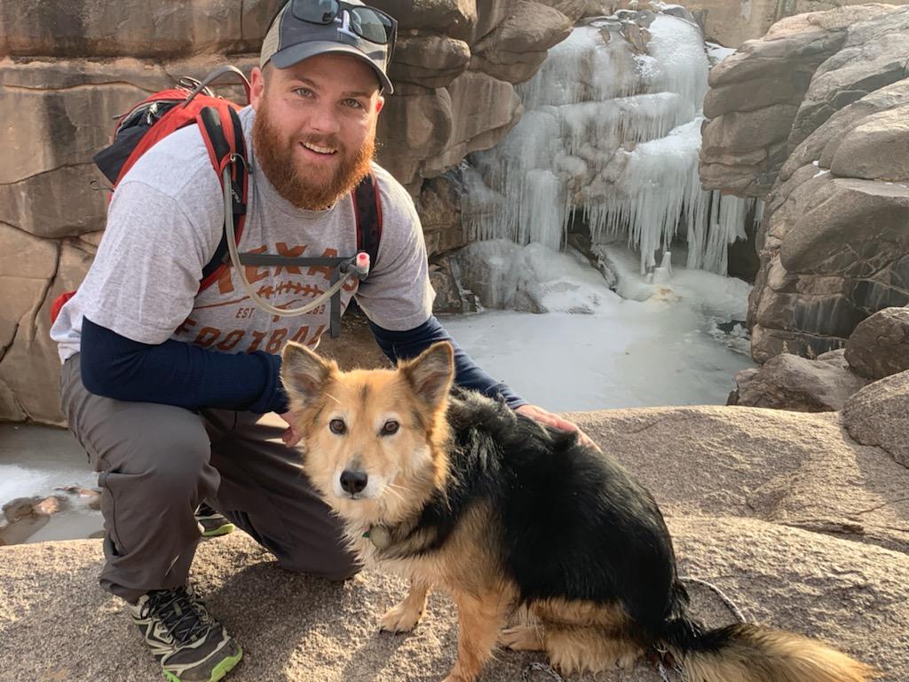 Hiking "Big Dominguez Canyon" with my dog Luna with a quick stop at the frozen waterfall.  A great hike in the valley to enjoy the river, waterfall, great views and some petroglyphs.