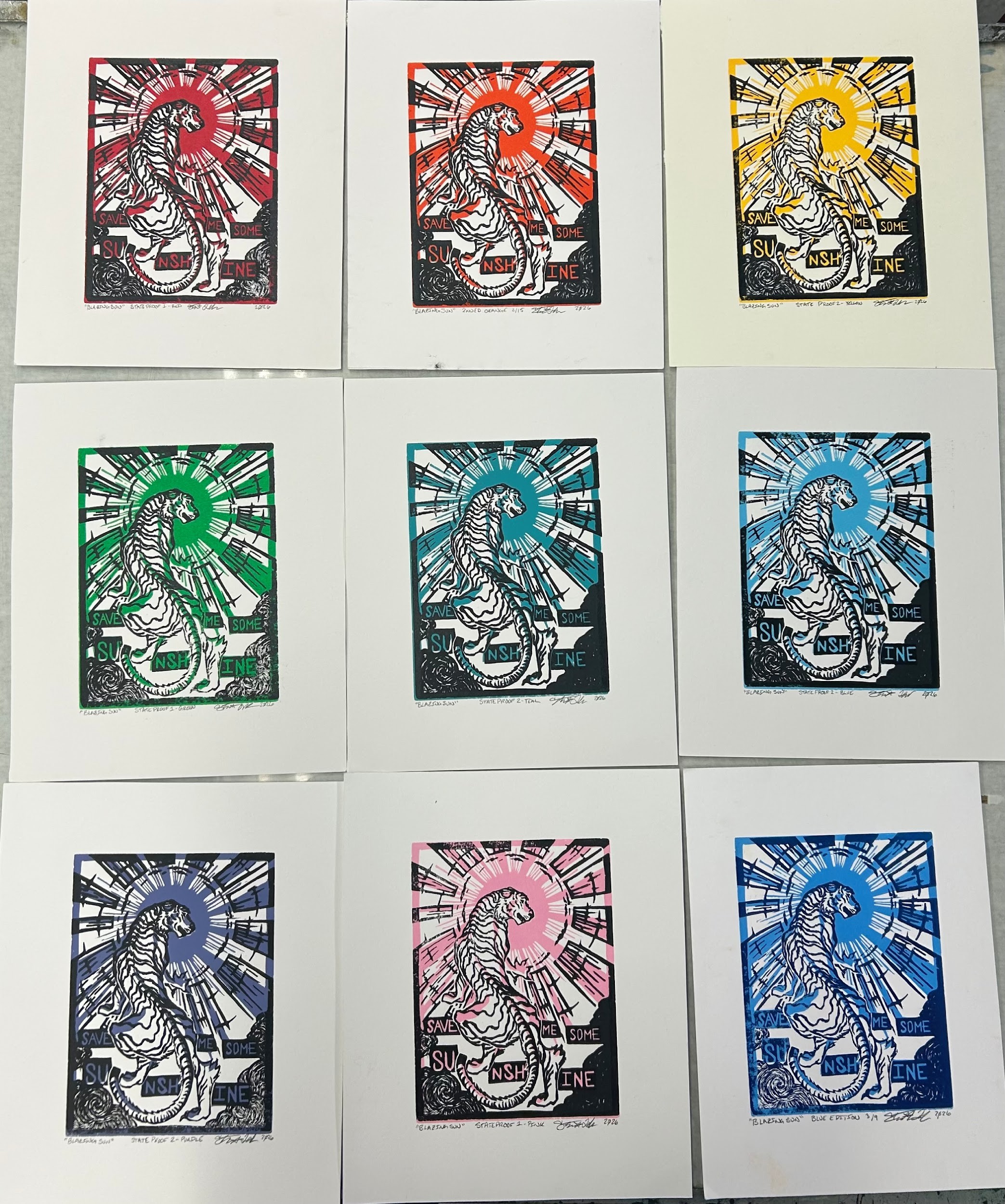 9 different colored prints of a tiger with sun rays behind it