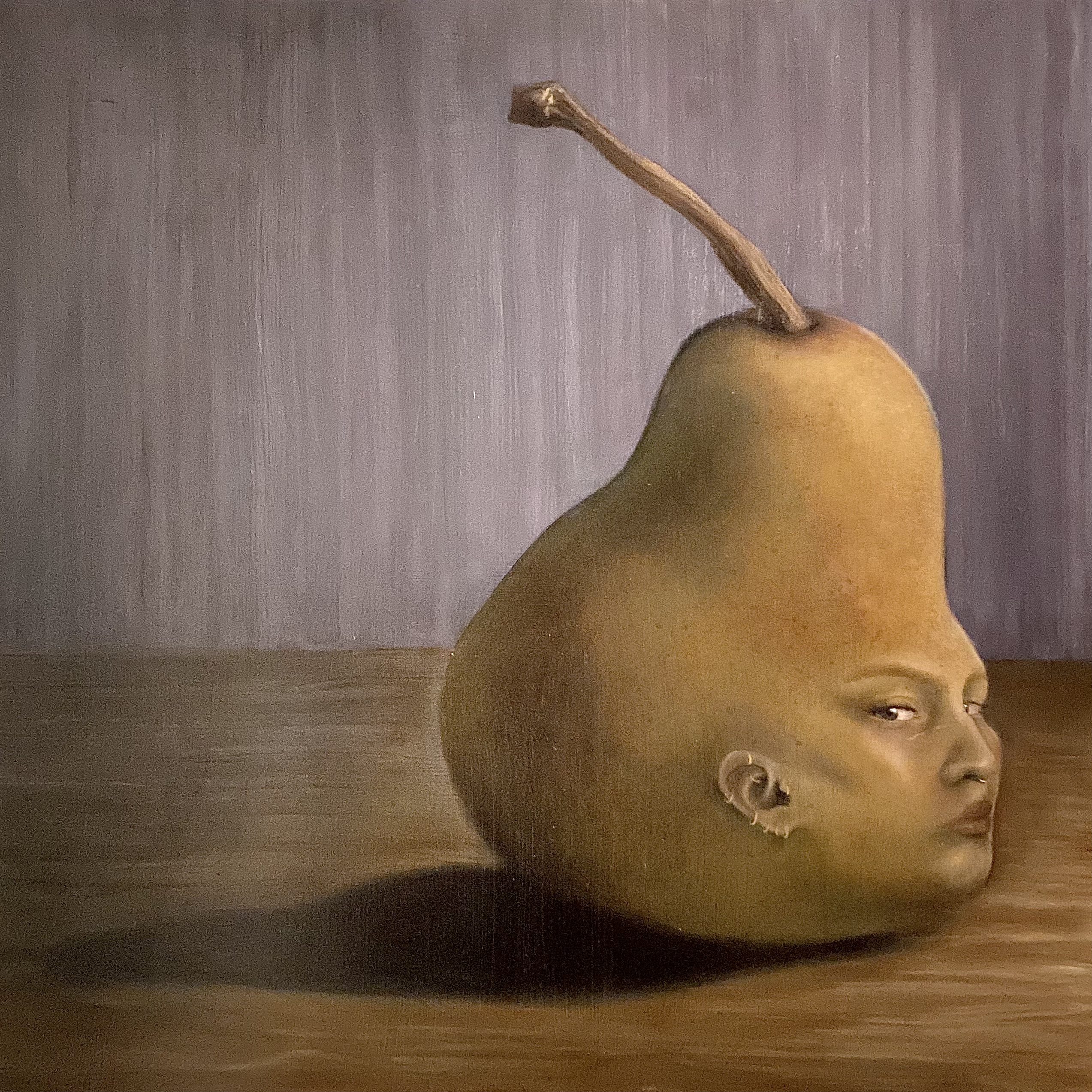 painting of a pear with a woman's face on it