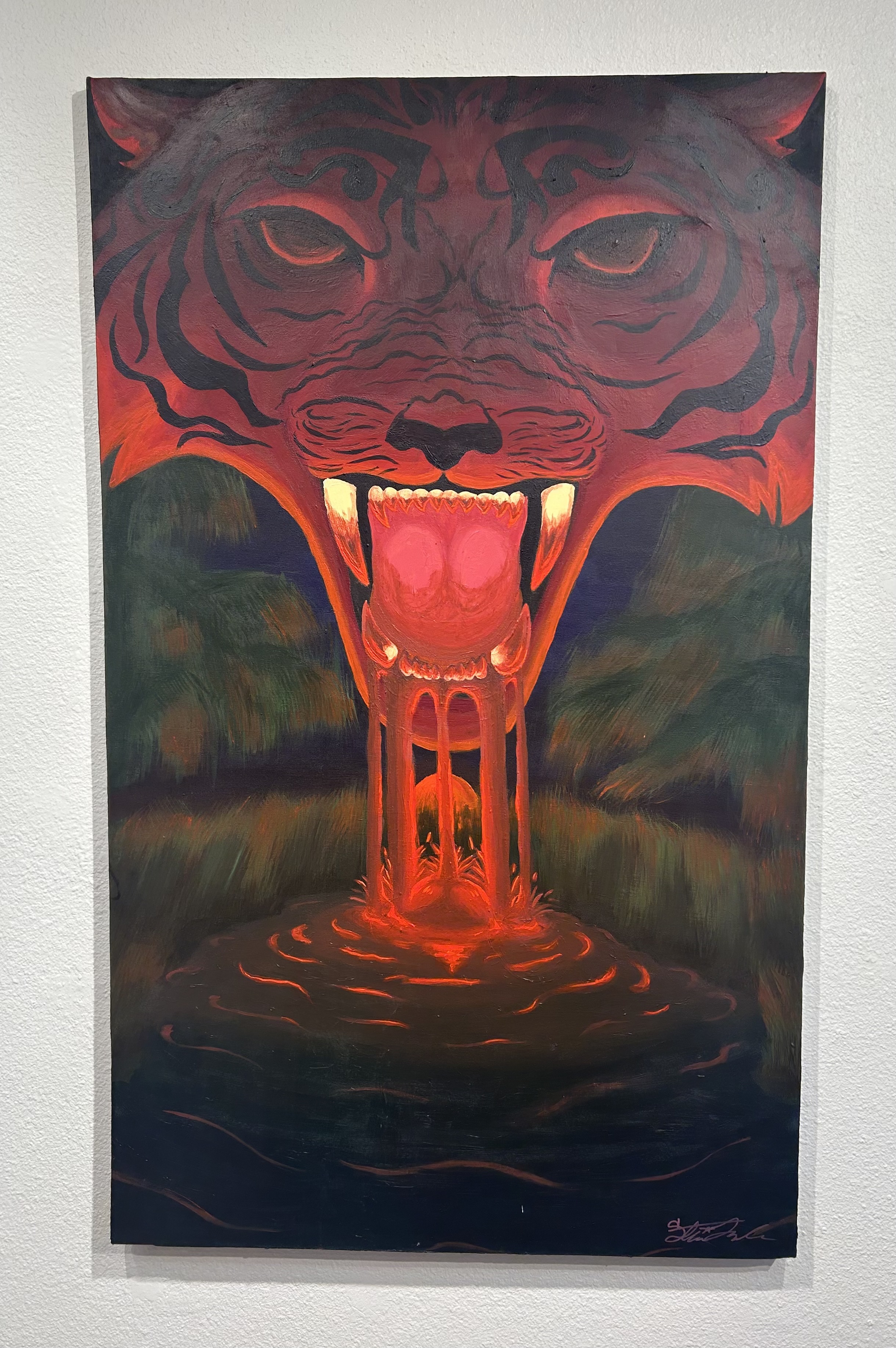 painting of red tiger with red liquid pouring from its mouth