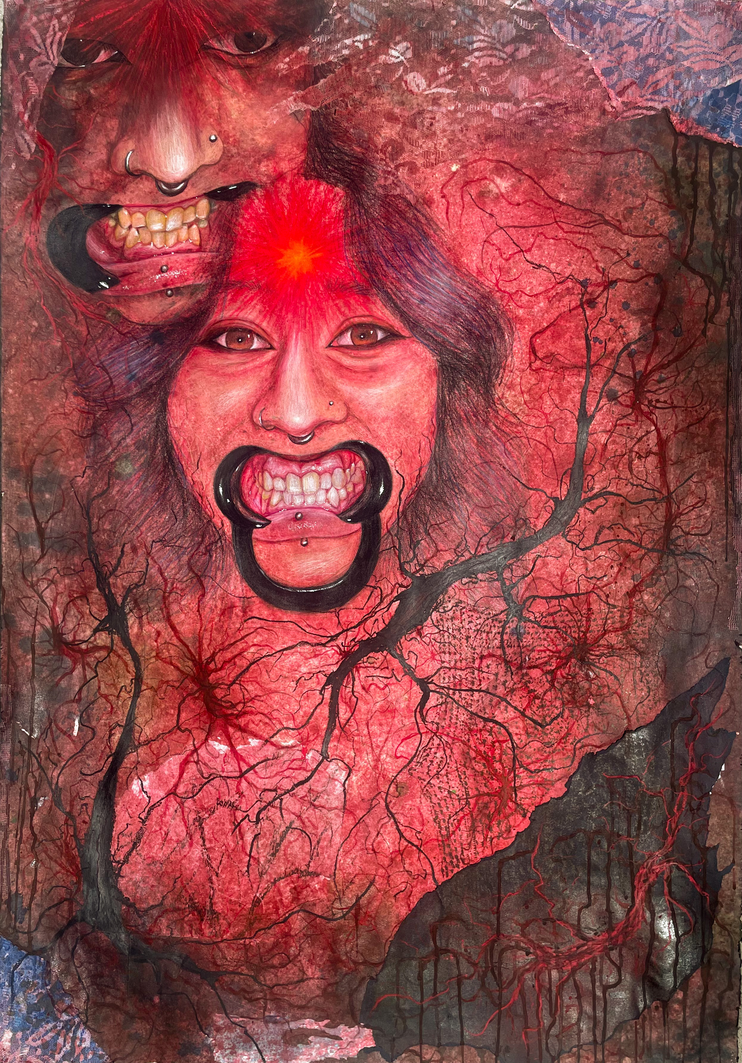 mixed media drawing of woman on dyed red paper