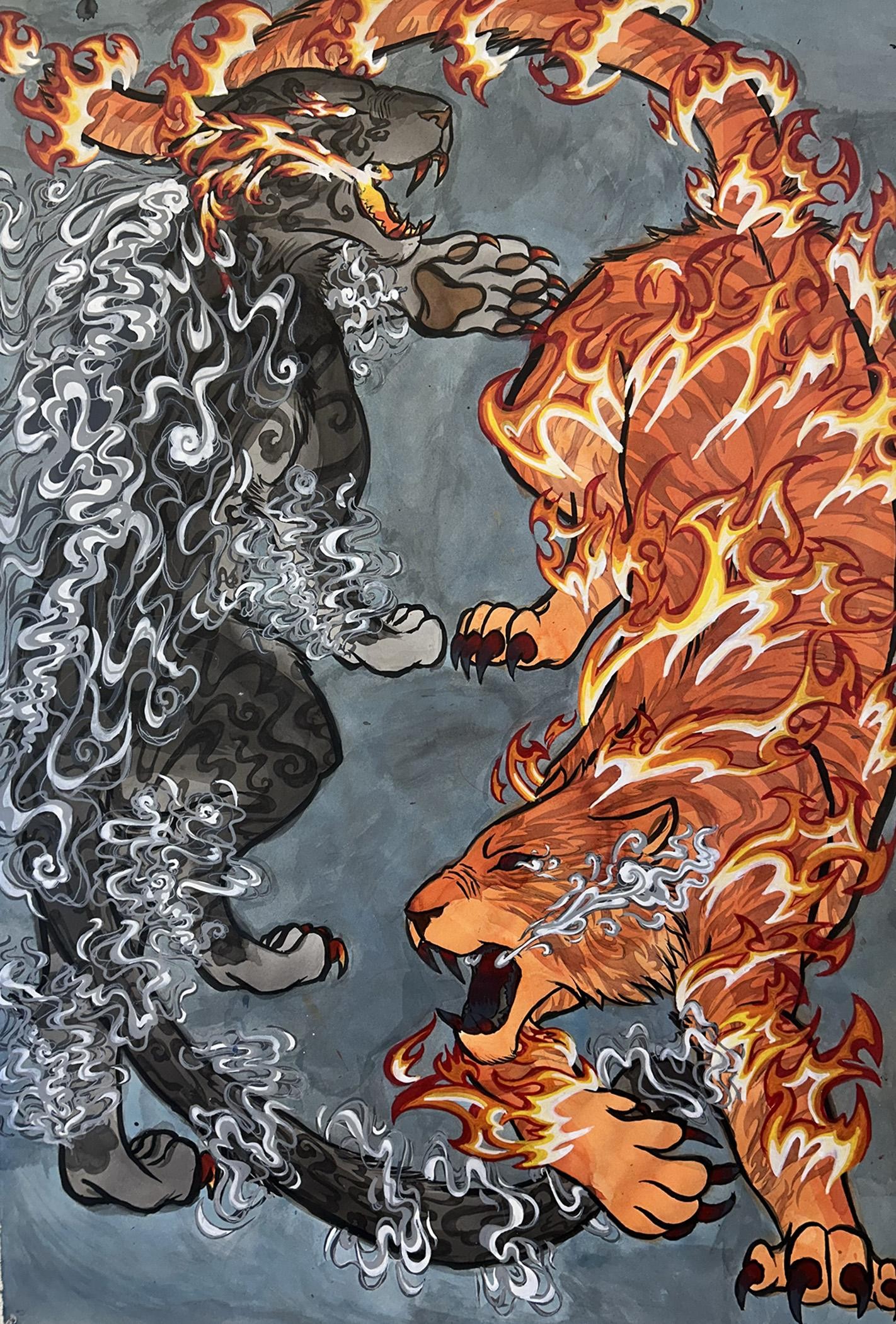 Acrylic Ink Drawing of two tigers in the yen and yang position