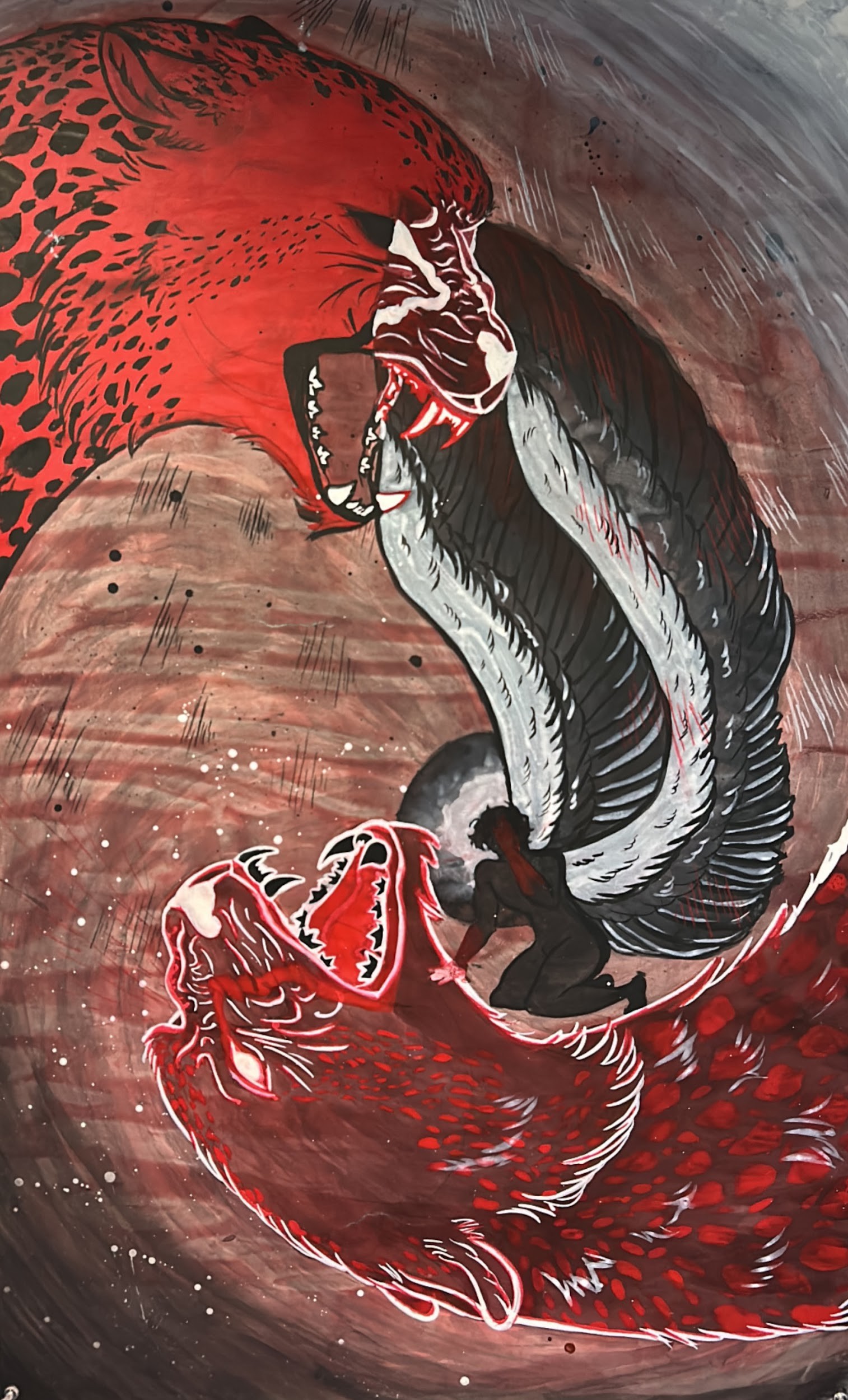 Acrylic Ink Drawing of two cheetahs and an angellic being