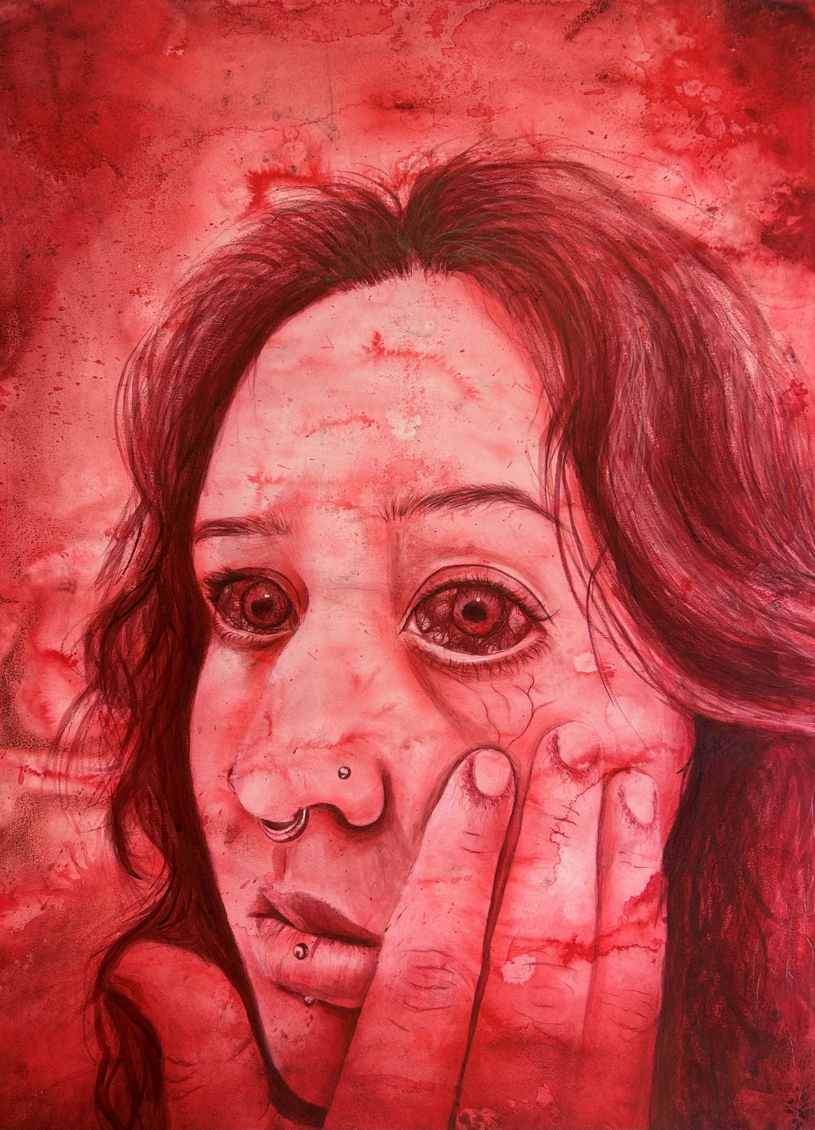 mixed media drawing of woman on dyed red paper