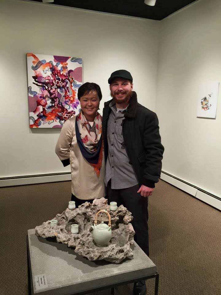 Professor KyoungHwa Oh and student Matthew Jones at his senior exhibition
