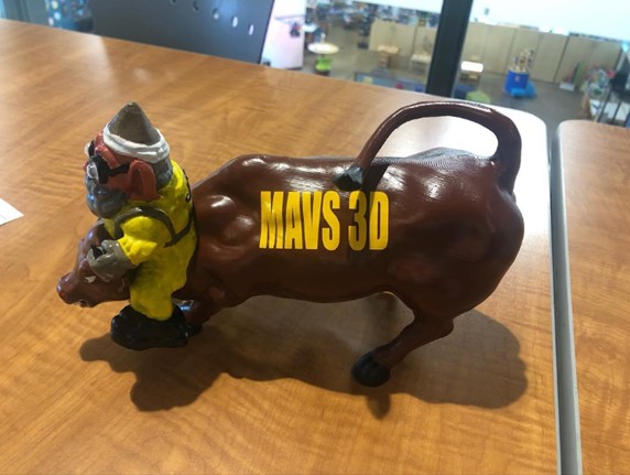 3D printed maverick bull with a printed figure riding the bull