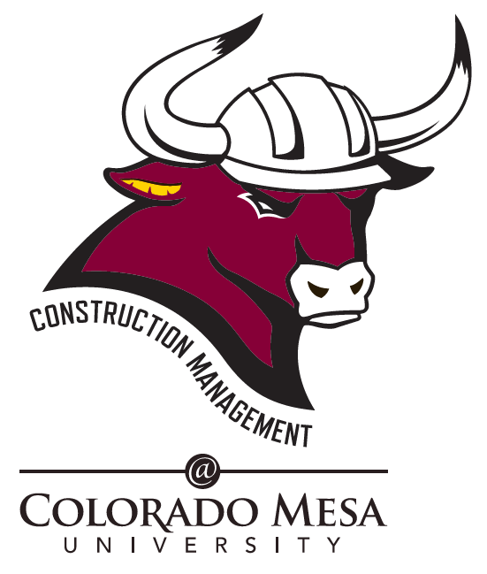 Construction management club logo - CMU maverick bull with a hard hat and CMU lettering