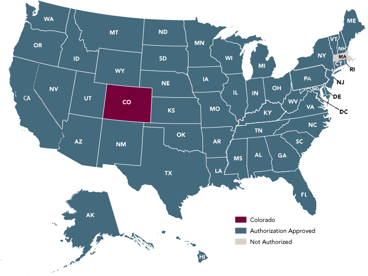 Authorization Approved States (shows all states except MA as authorized) 