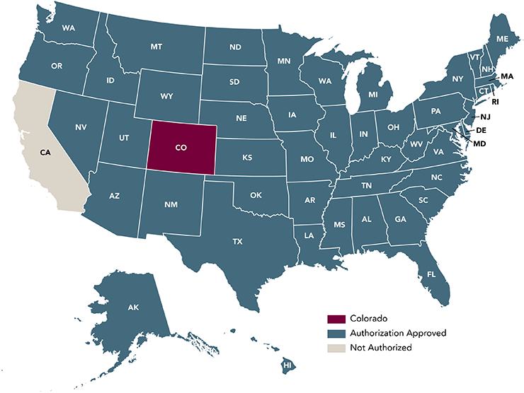 Authorization Approved States (shows all states except CA as authorized) 