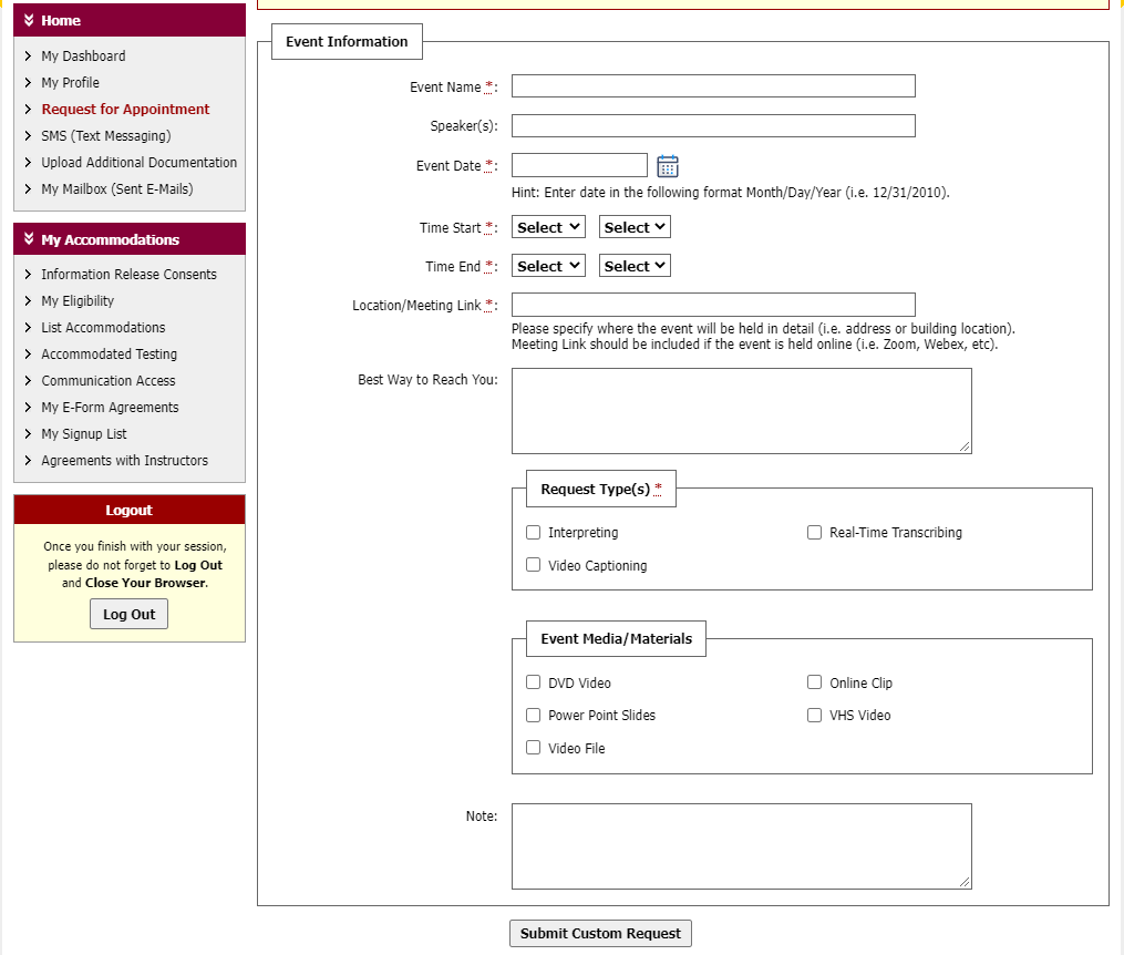 Screenshot from AIM Portal for creating an event request for interpretation services