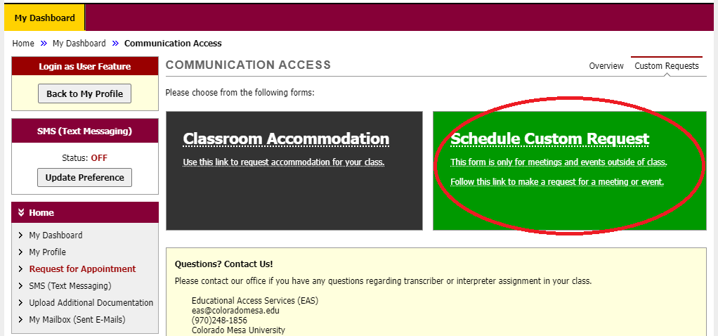 Screenshot of AIM Communication Access step for selecting a non-class related interpretation request