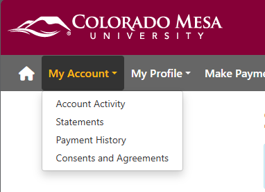 Screen shot of the "My Account" drop down menu in ePay which is located in the top left menu next to the "Home" button