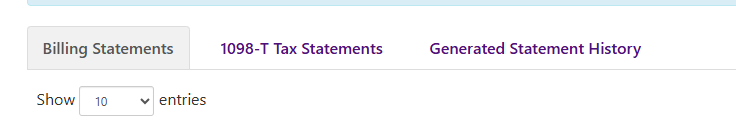 screen shot of menu options within the "Statements" screen of ePay. Shows tabs for Billing Statements, 1098-T Statements, and Generated statement History