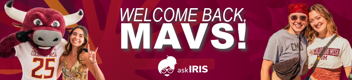 Cut out photos of Rowdy the mascot and students with text that says "Welcome Back, Mavs!" featuring the askIRIS logo