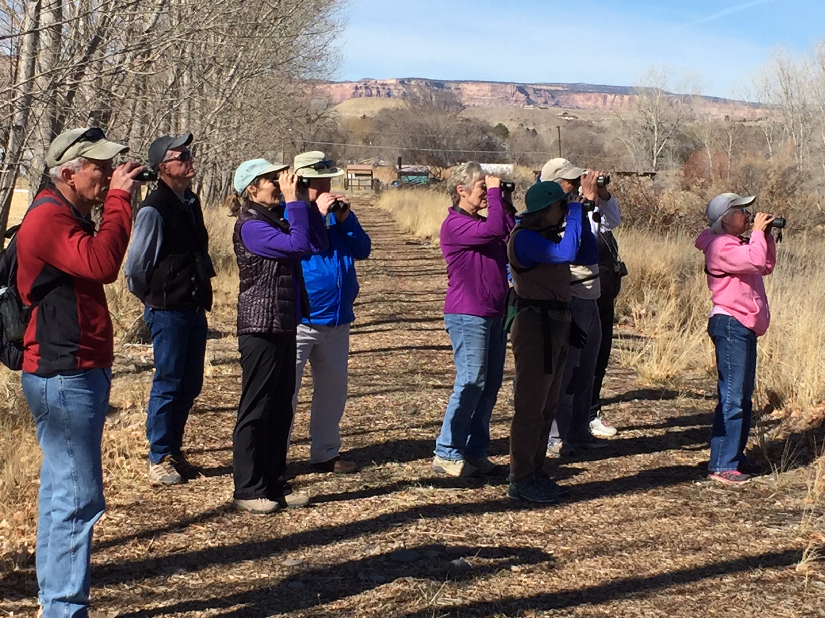 Beginning Birding with Cary Atwood, new dimensions participants with binoculars viewing birds