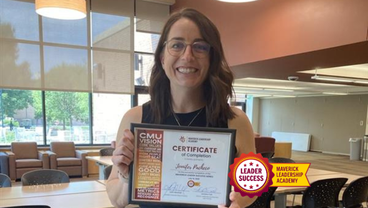 Director of Distance and Online Education, Jennifer Pacheco, with her certificate of completion from the Maverick Leader Success Series