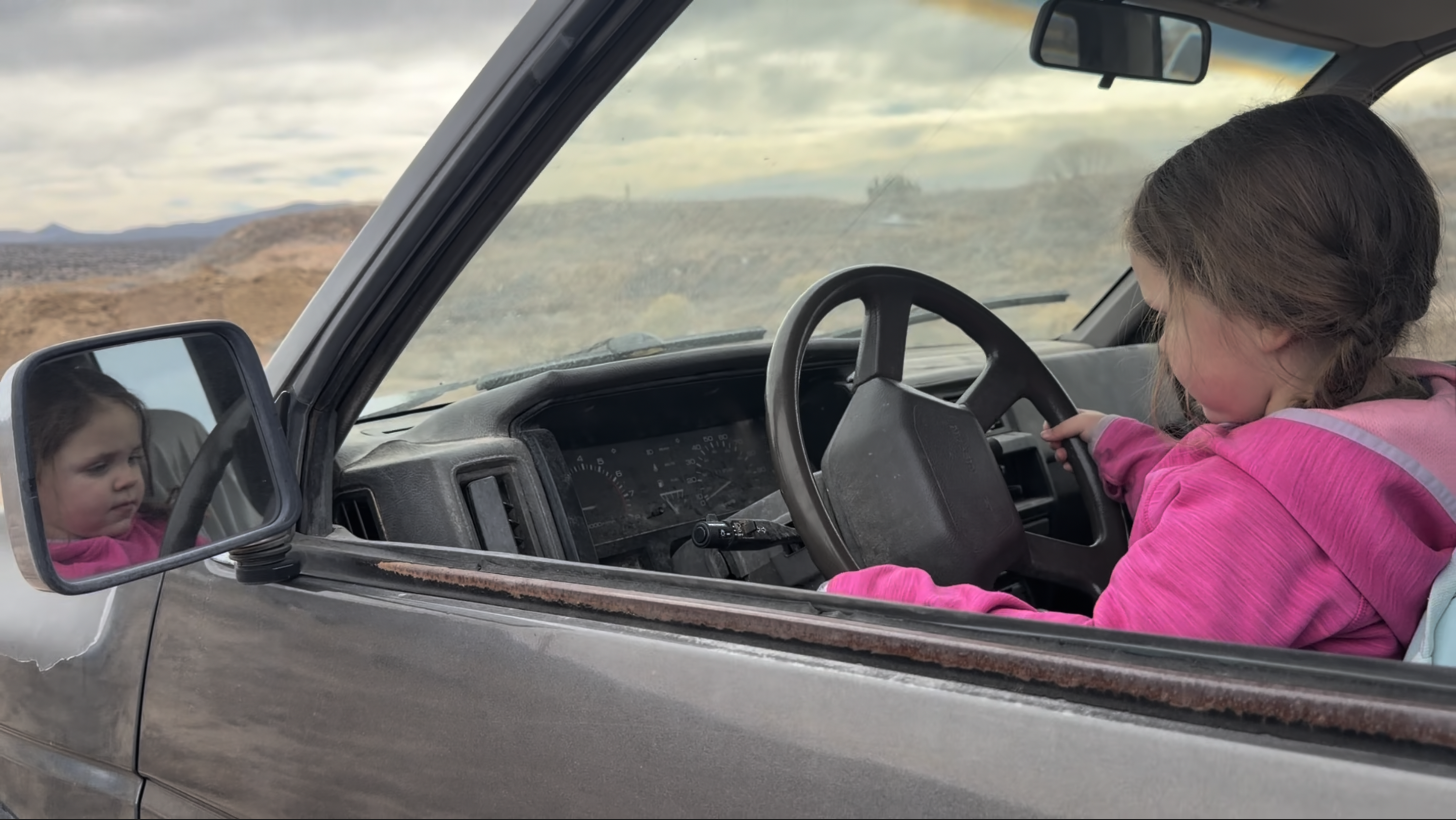 Wylee Mitchell’s niece Harper “drives” a car for the short film Life of a Ranch kid