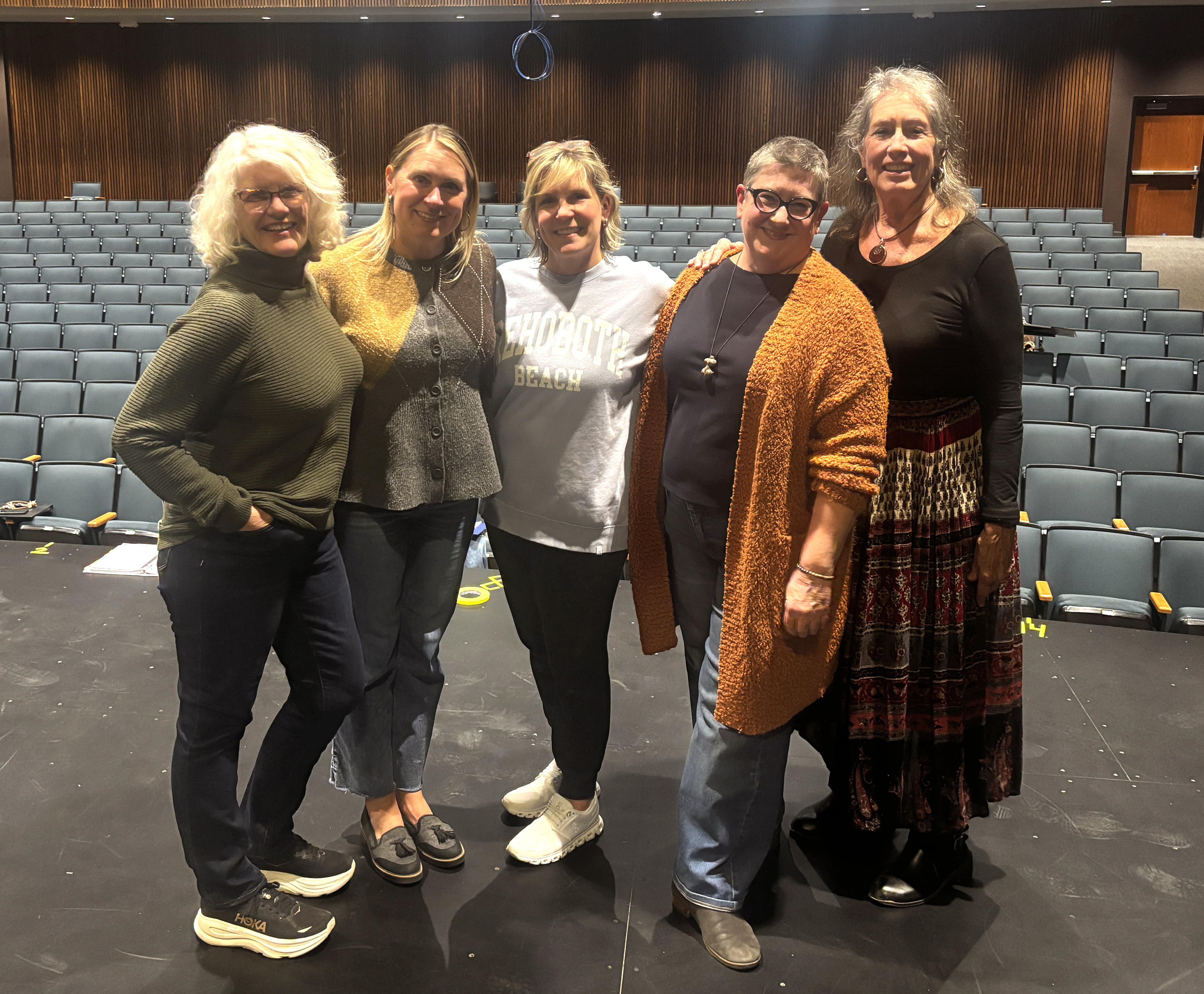 Loren Wilder, Cristin Tillinghast, Georgie Reigel, Jill Van Brussel, and Barbara Bellamy take a break during rehearsal