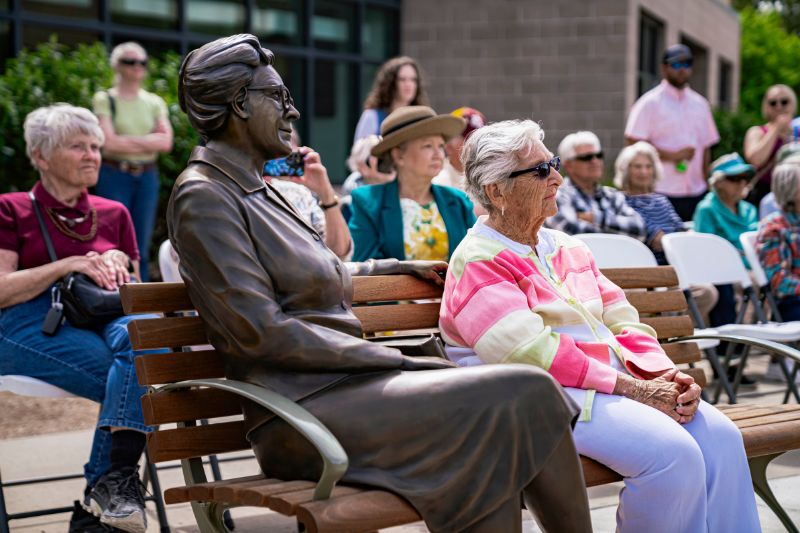 CMU Trustee Emeritus Lena Elliott with new Mary Rait statue after unveiling