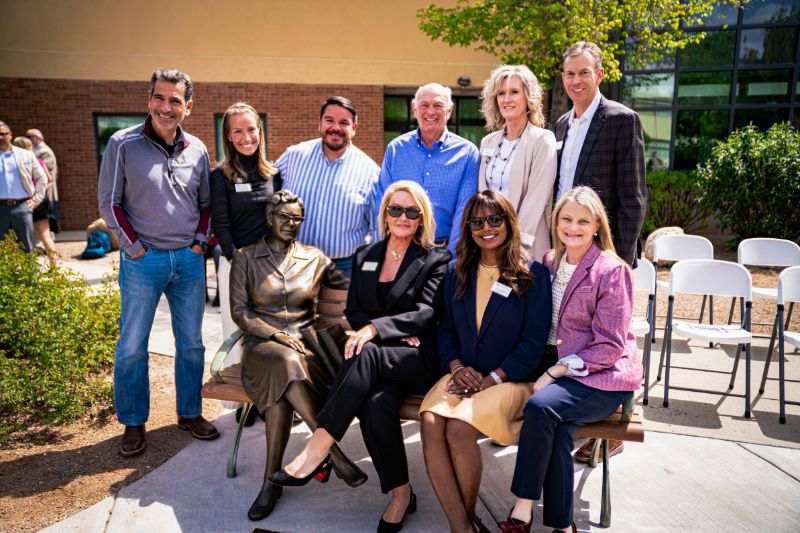 CMU Board of Trustees members with Mary Rait statue
