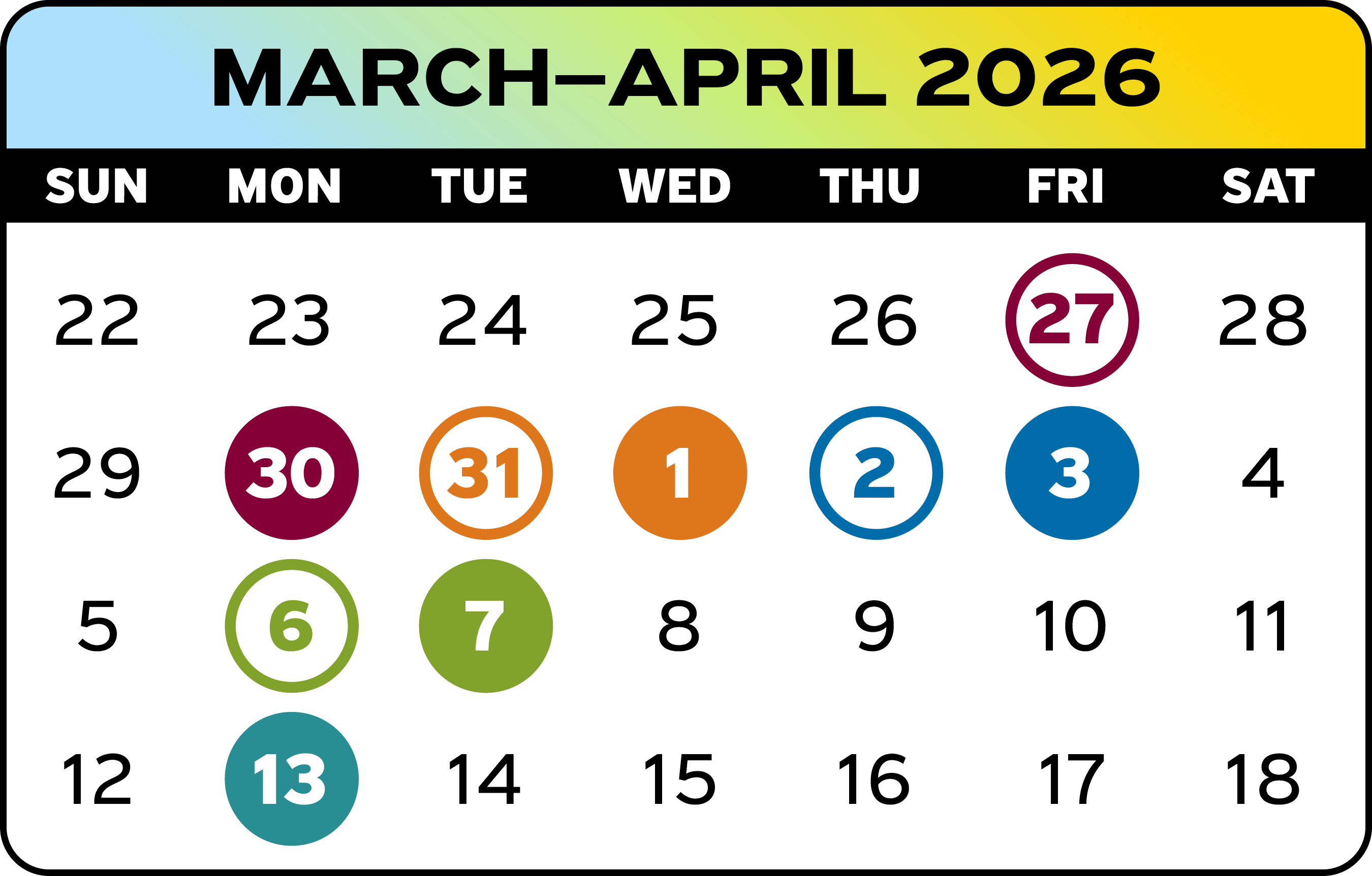 March and April 2026 calendar highlighting registration dates