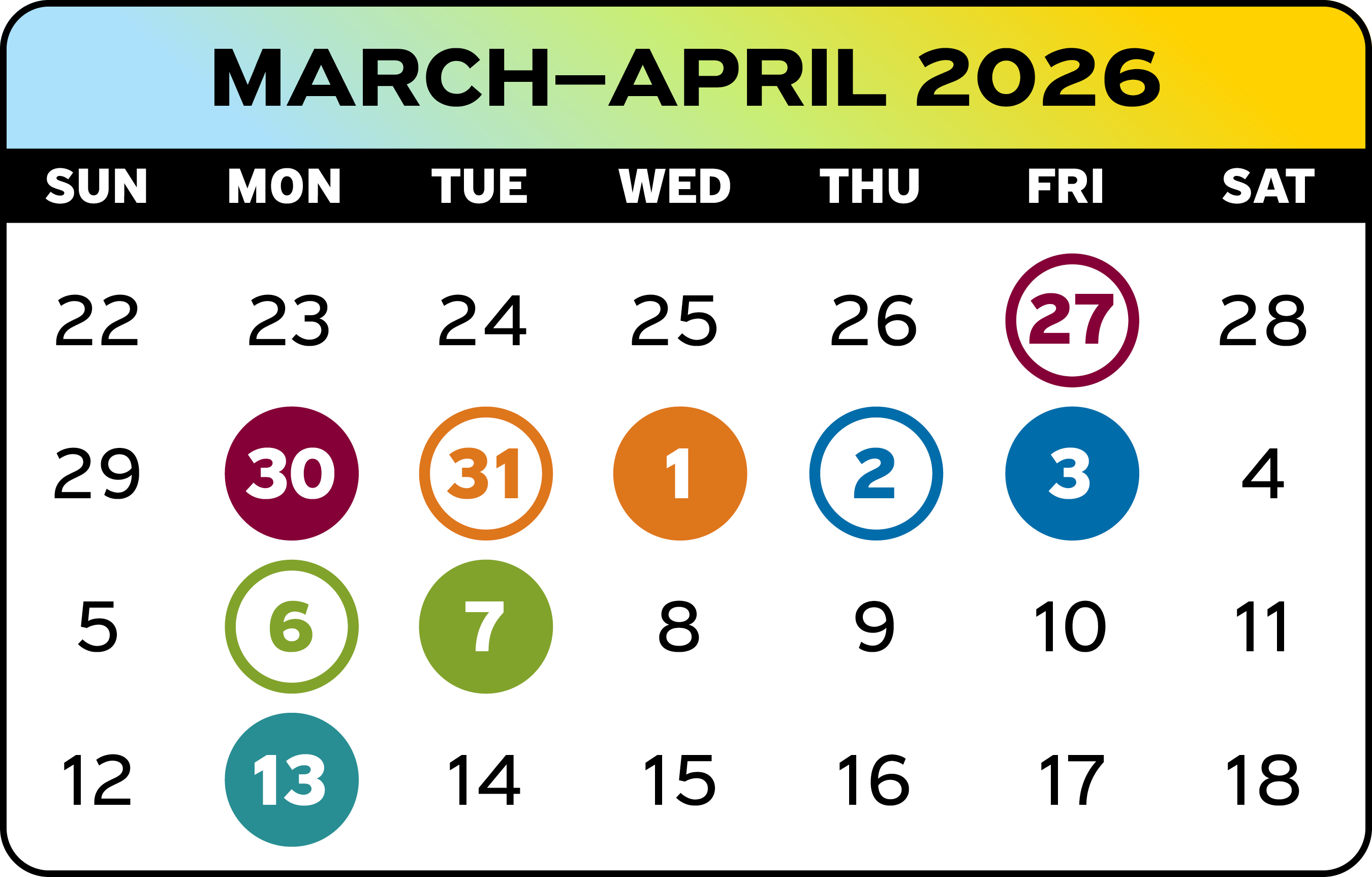 March and April 2026 calendar highlighting registration dates