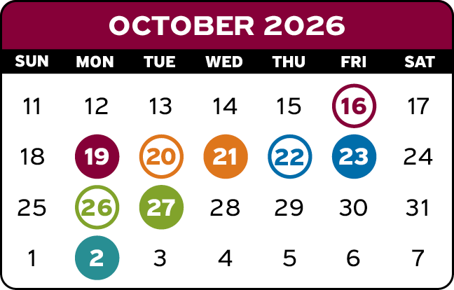 October 2026 Calendar dates of October 16, 19, 20, 21, 22, 23, 26, 27 and November 1st highlighted
