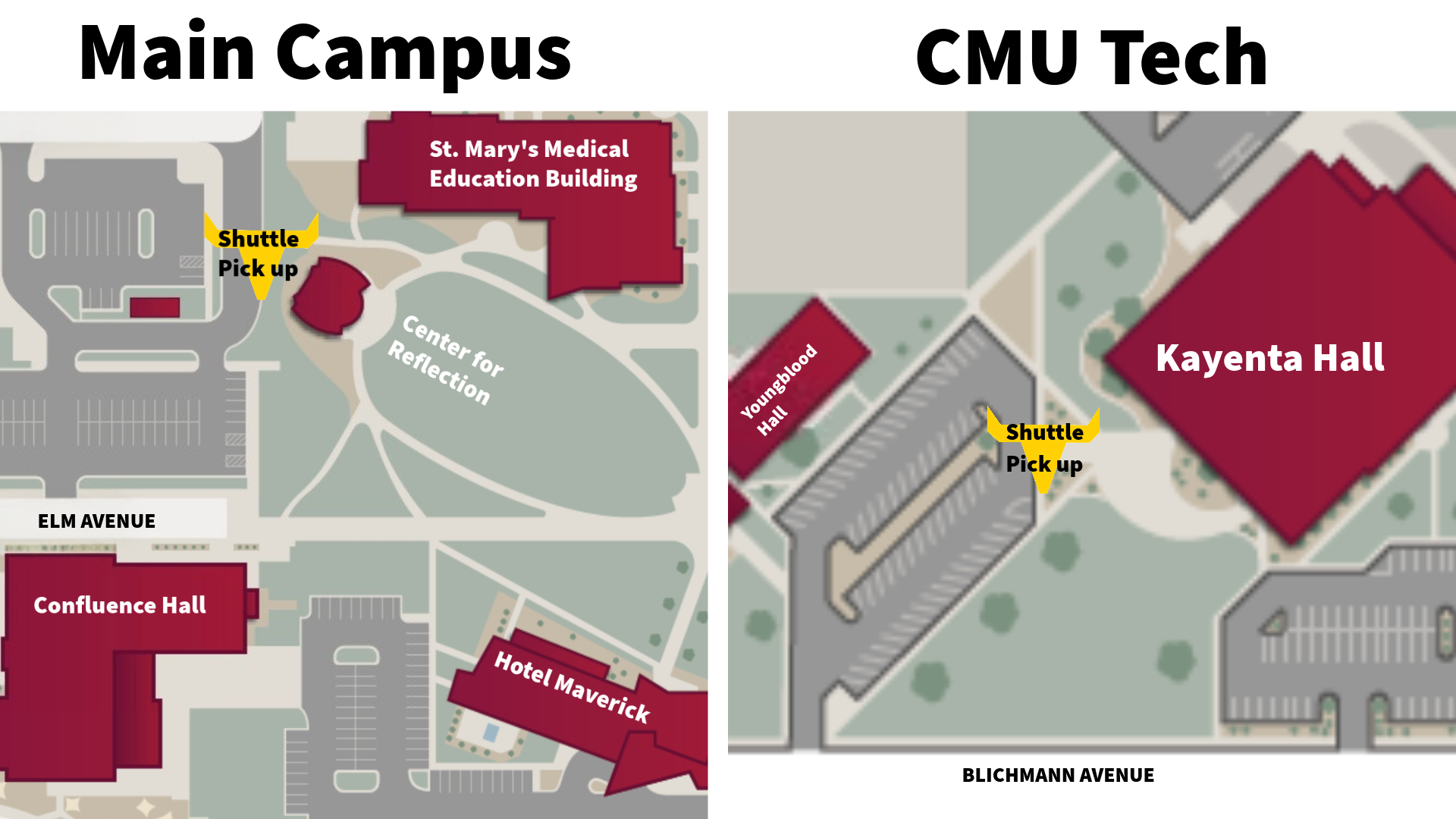 Map Depicting Shuttle stops at CMU Main Campus and CMU Tech