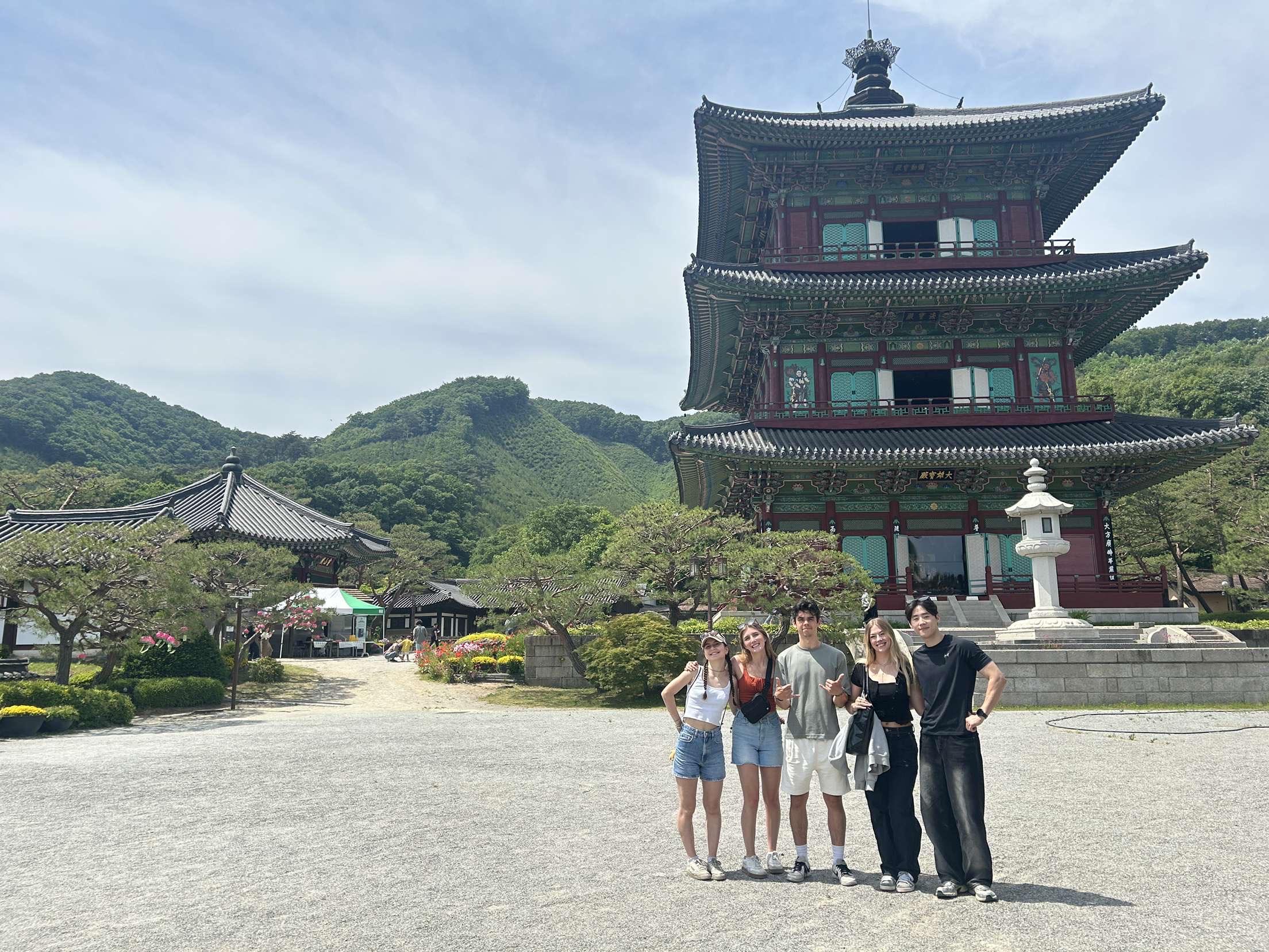 Picture of 5 Students in front of a Japanese Shrine/ Temple